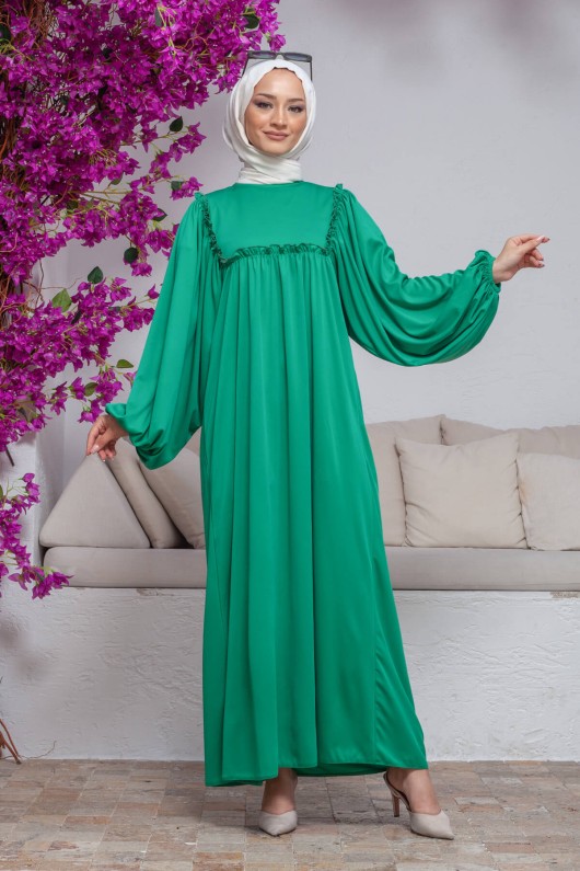 Balon Kol Fırfırlı Tesettür Elbise - ZÜMRÜT YEŞİLİ Balon Kol Fırfırlı Tesettür Elbise - ZÜMRÜT YEŞİLİ