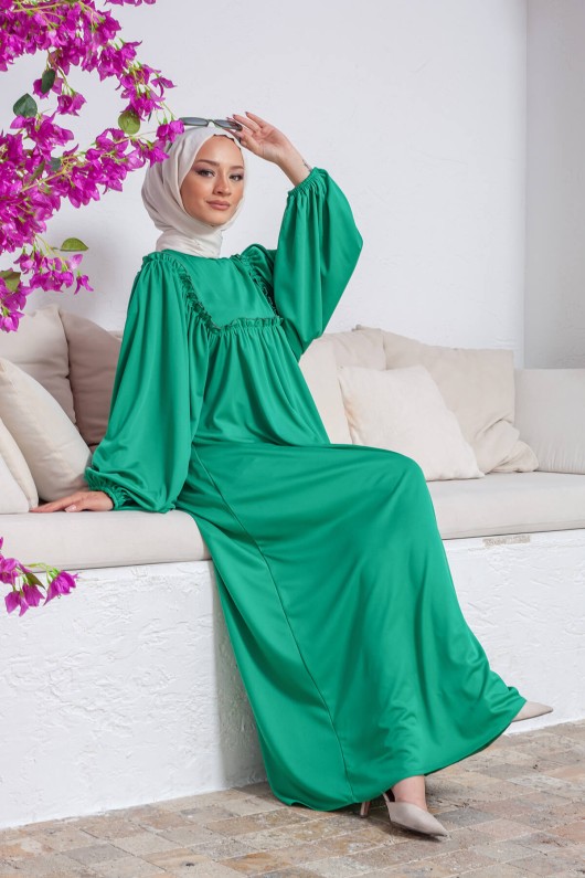 Balon Kol Fırfırlı Tesettür Elbise - ZÜMRÜT YEŞİLİ Balon Kol Fırfırlı Tesettür Elbise - ZÜMRÜT YEŞİLİ