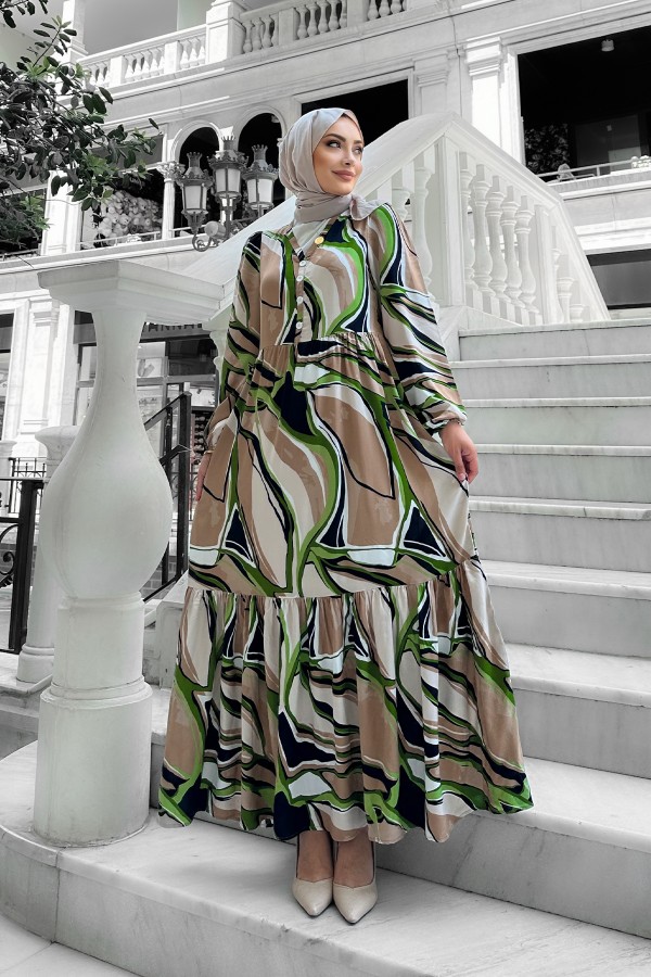 Etnik Desenli Elbise - Yeşil