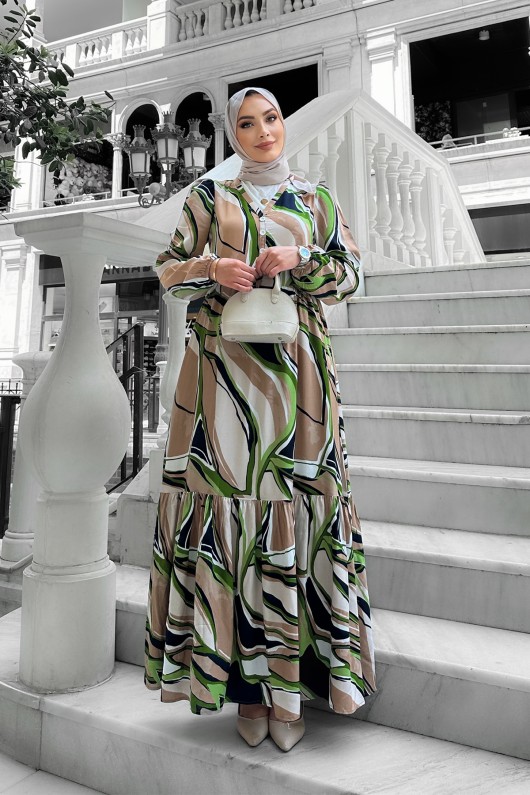 Etnik Desenli Elbise - Yeşil