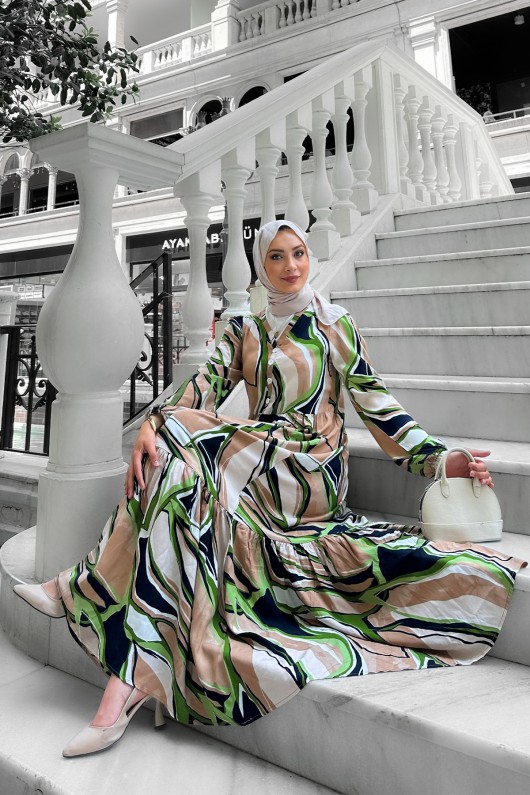 Etnik Desenli Elbise - Yeşil