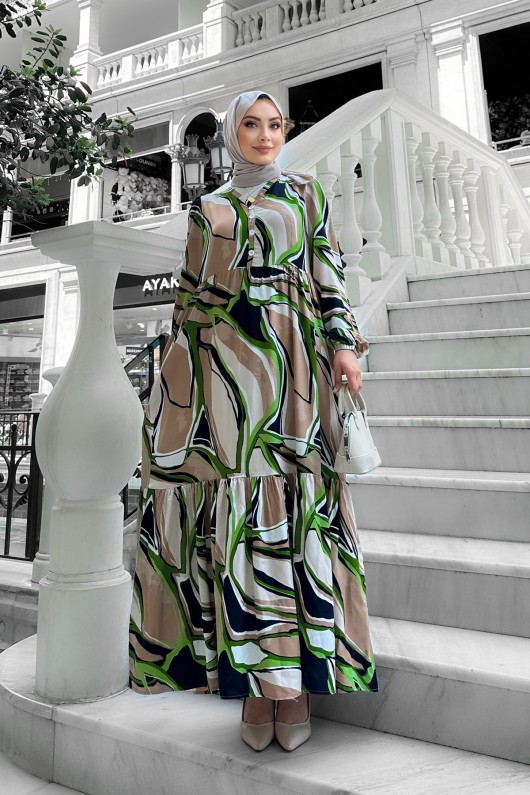 Etnik Desenli Elbise - Yeşil