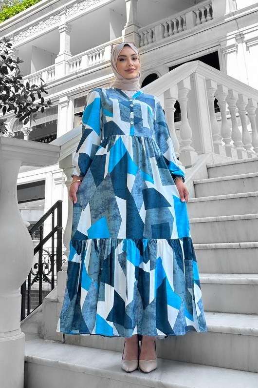 Alya Desenli Viskon Elbise Buz Mavi