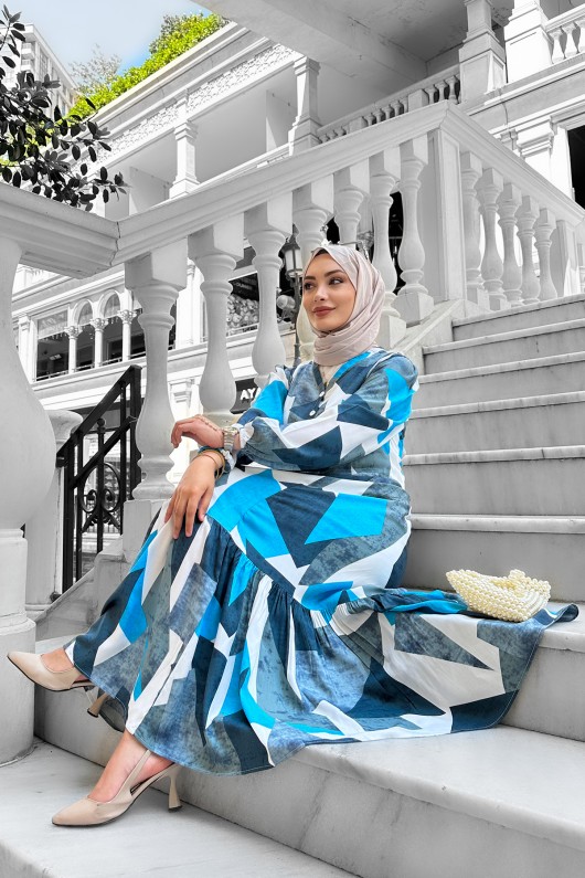 Alya Desenli Viskon Elbise Buz Mavi