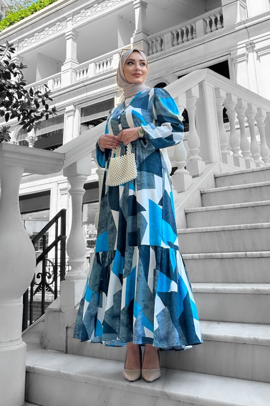 Alya Desenli Viskon Elbise Buz Mavi