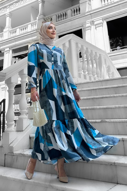 Alya Desenli Viskon Elbise Buz Mavi