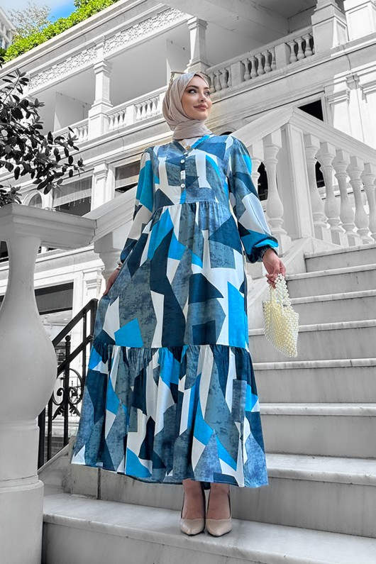 Alya Desenli Viskon Elbise Buz Mavi
