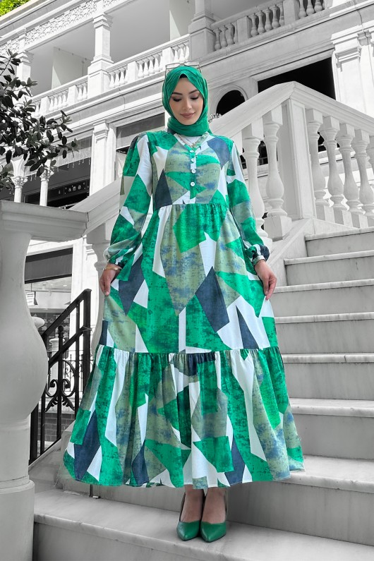 Alya Desenli Viskon Elbise Yeşil