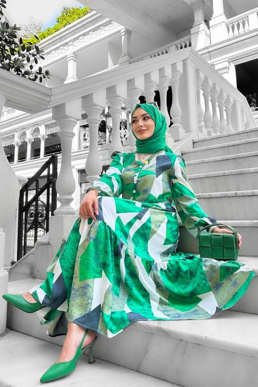 Alya Desenli Viskon Elbise Yeşil