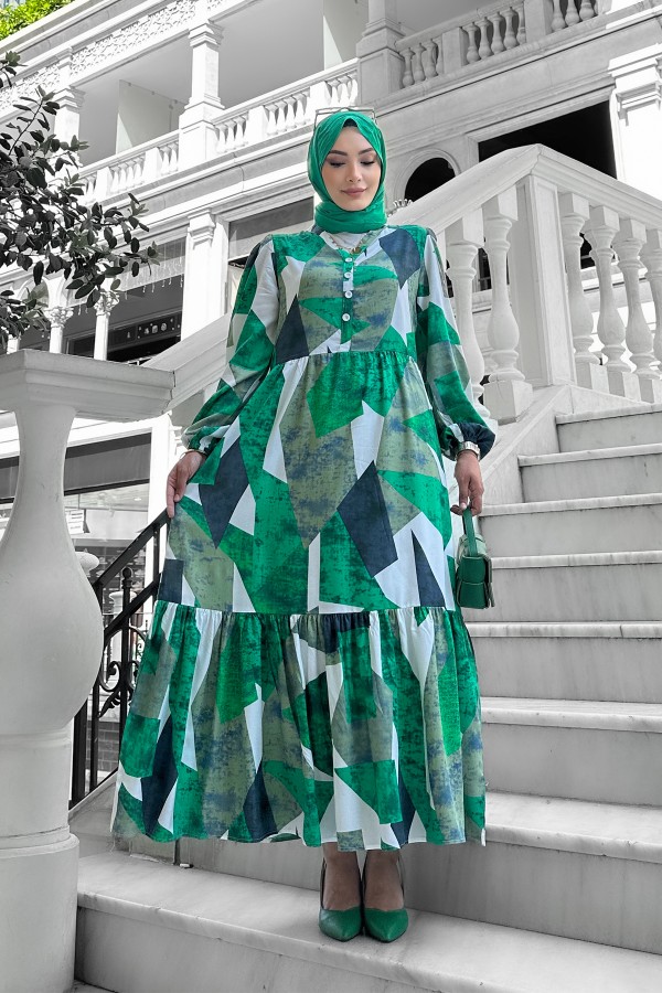 Alya Desenli Viskon Elbise Yeşil