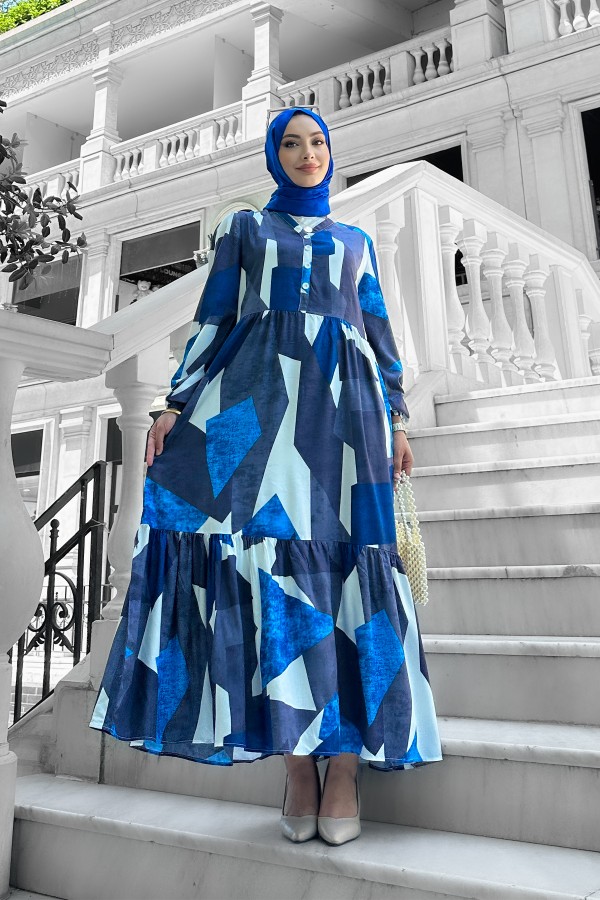 Alya Desenli Viskon Elbise Lacivert