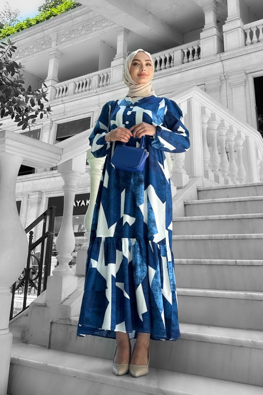 Alya Desenli Viskon Elbise Mavi