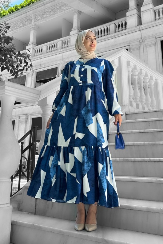 Alya Desenli Viskon Elbise Mavi