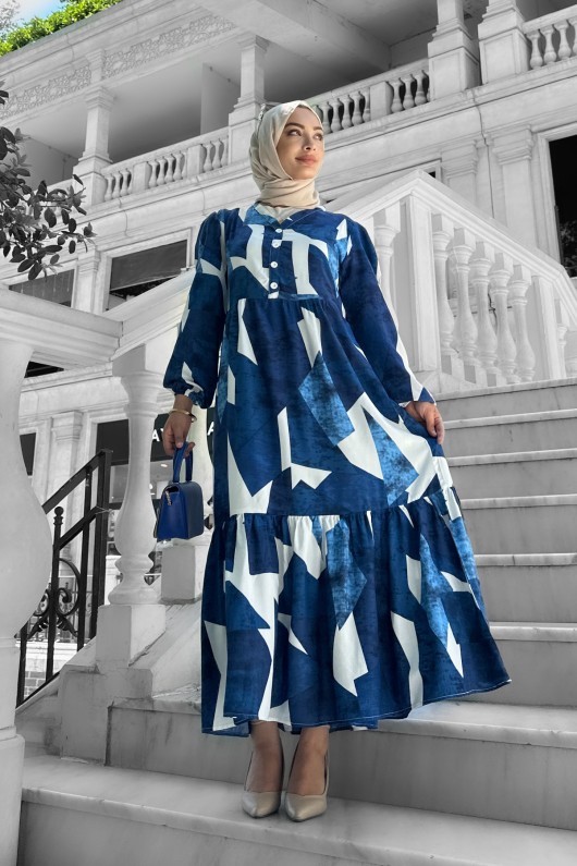 Alya Desenli Viskon Elbise Mavi