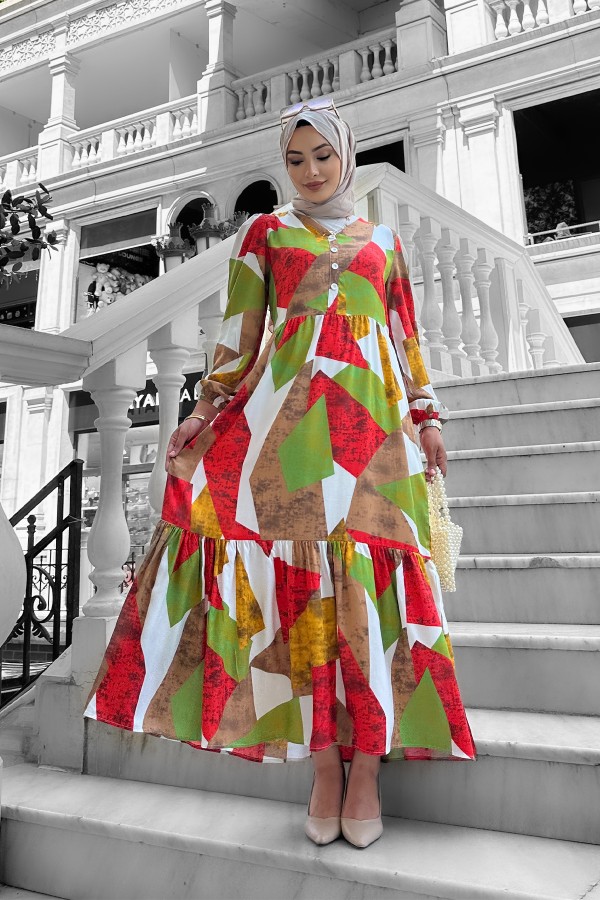 Alya Desenli Viskon Elbise Turuncu