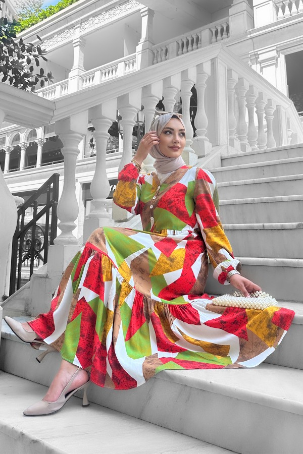 Alya Desenli Viskon Elbise Turuncu