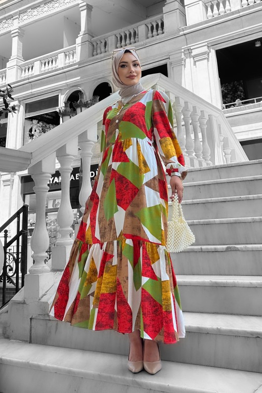 Alya Desenli Viskon Elbise Turuncu Alya Desenli Viskon Elbise Turuncu