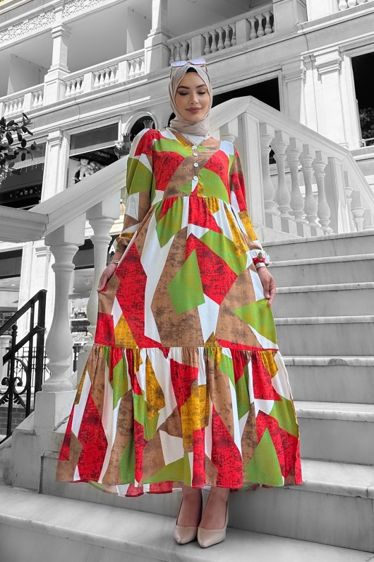 Alya Desenli Viskon Elbise Turuncu Alya Desenli Viskon Elbise Turuncu