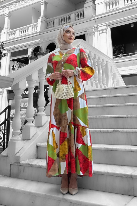 Alya Desenli Viskon Elbise Turuncu Alya Desenli Viskon Elbise Turuncu