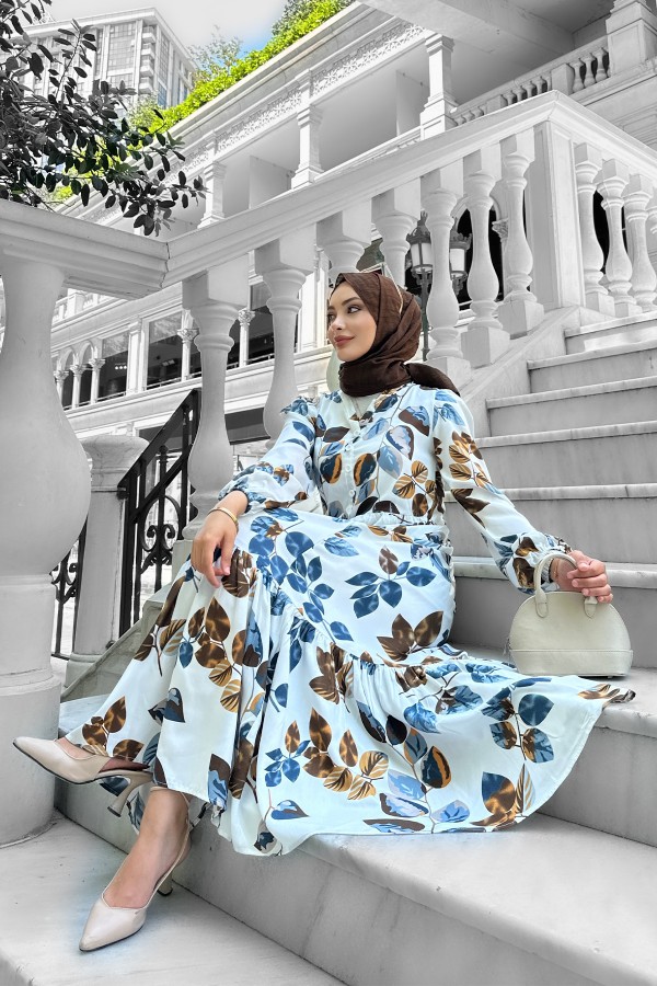 Bahar Dalı Viskon Elbise Mavi