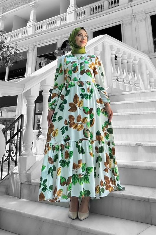 Bahar Dalı Viskon Elbise Yeşil