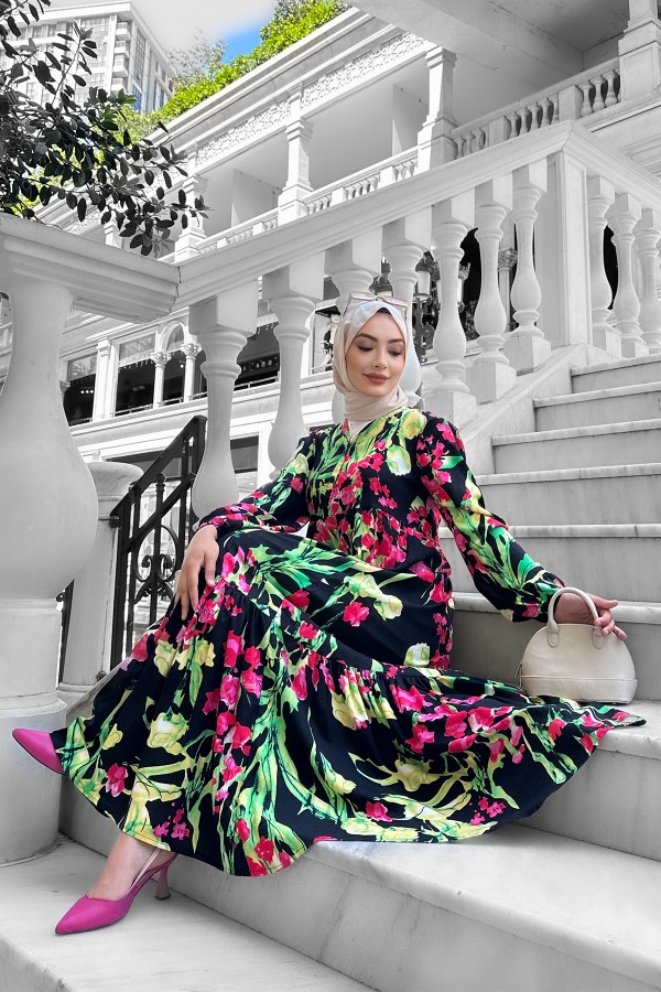 Beymen Desenli Viskon Elbise Siyah Beymen Desenli Viskon Elbise Siyah