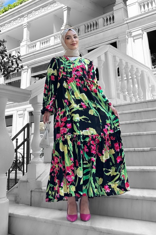 Beymen Desenli Viskon Elbise Siyah