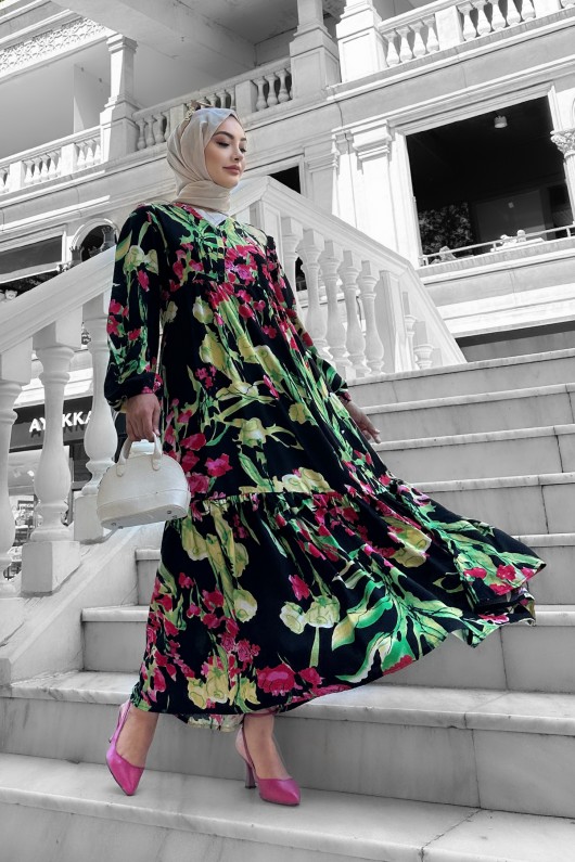 Beymen Desenli Viskon Elbise Siyah