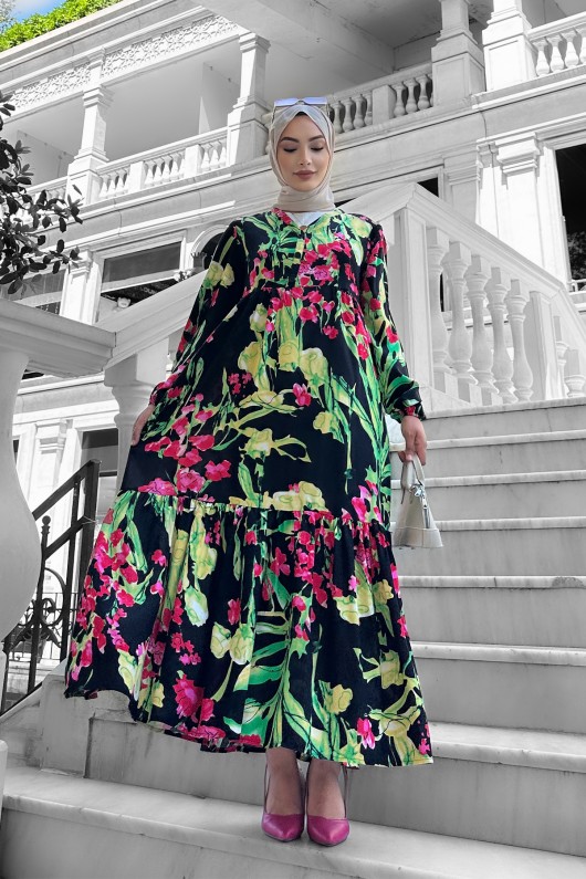 Beymen Desenli Viskon Elbise Siyah