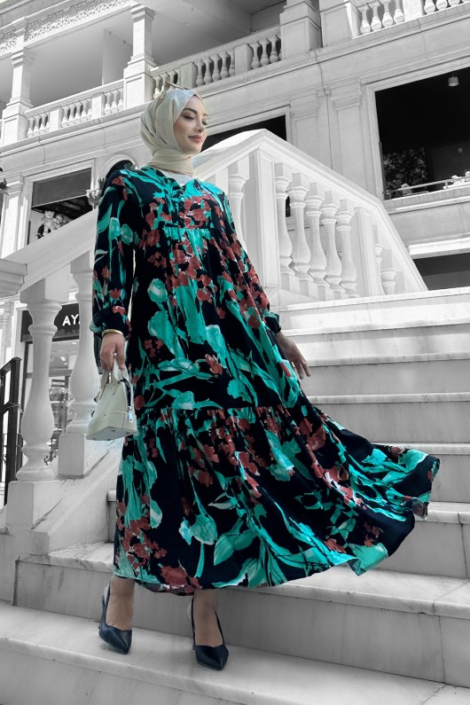 Beymen Desenli Viskon Elbise Turkuaz