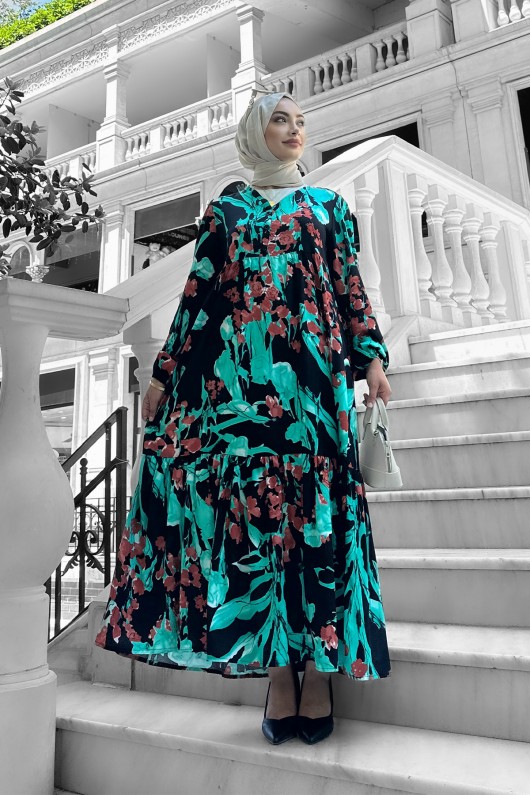 Beymen Desenli Viskon Elbise Turkuaz