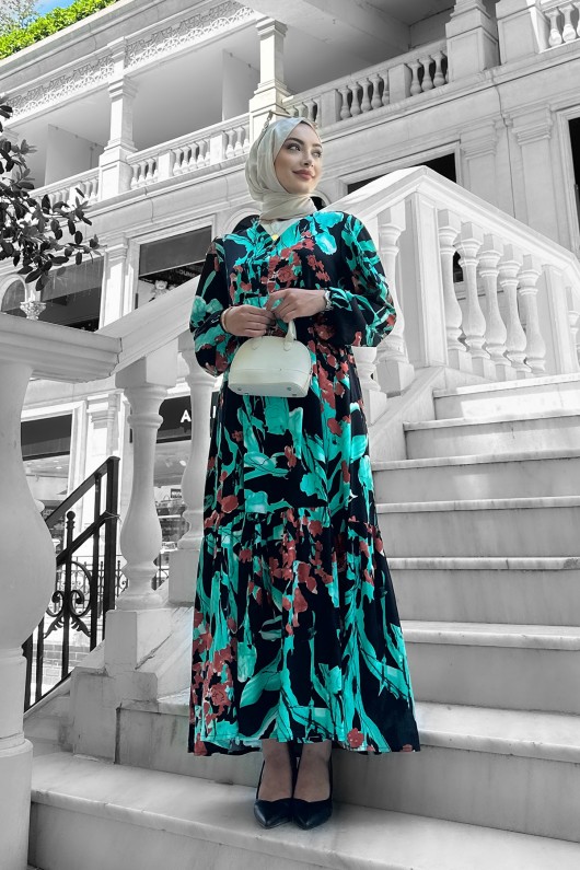 Beymen Desenli Viskon Elbise Turkuaz