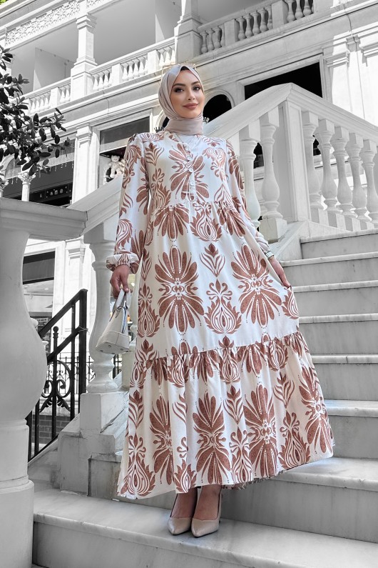 Bohem Desenli Viskon Elbise Kahverengi