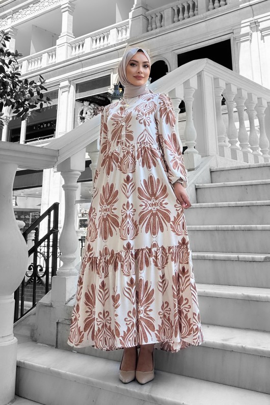 Bohem Desenli Viskon Elbise Kahverengi