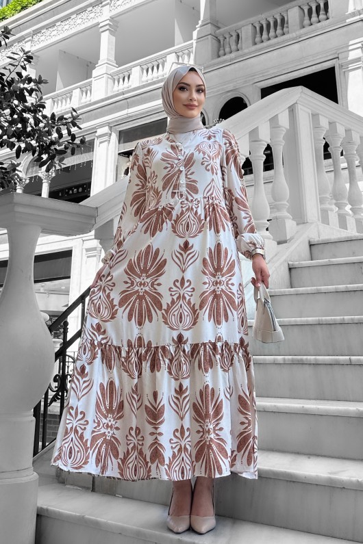 Bohem Desenli Viskon Elbise Kahverengi