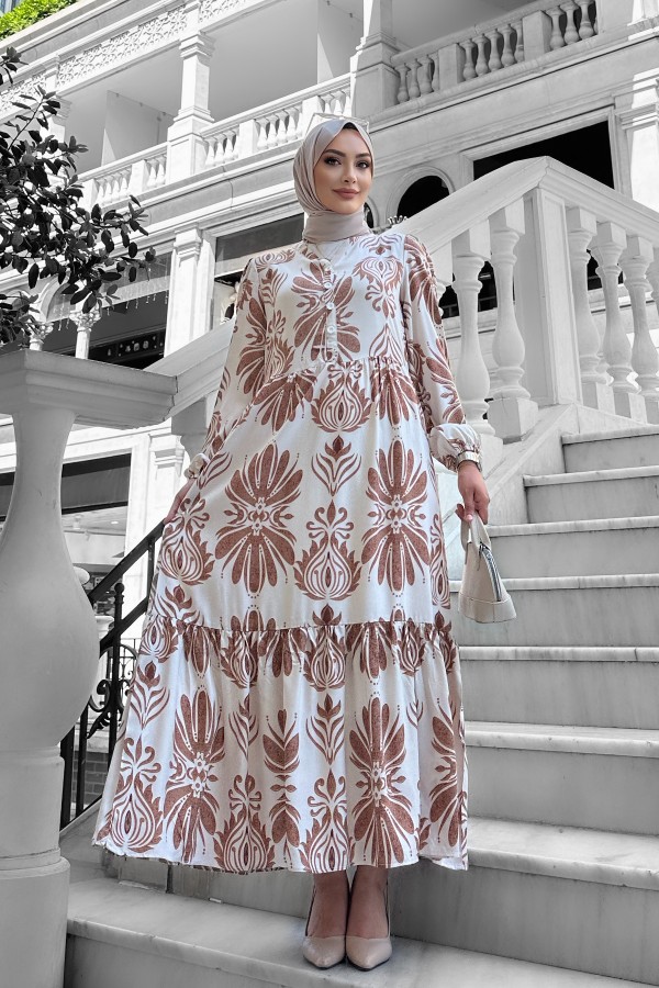 Bohem Desenli Viskon Elbise Kahverengi