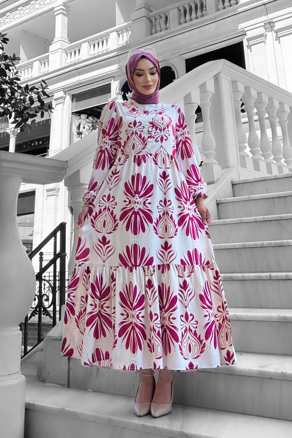 Bohem Desenli Viskon Elbise Fuşya