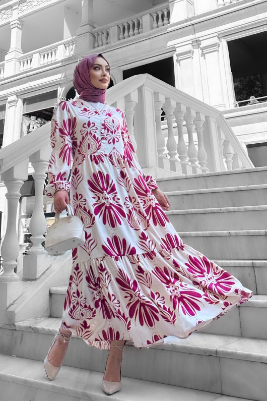 Bohem Desenli Viskon Elbise Fuşya Bohem Desenli Viskon Elbise Fuşya