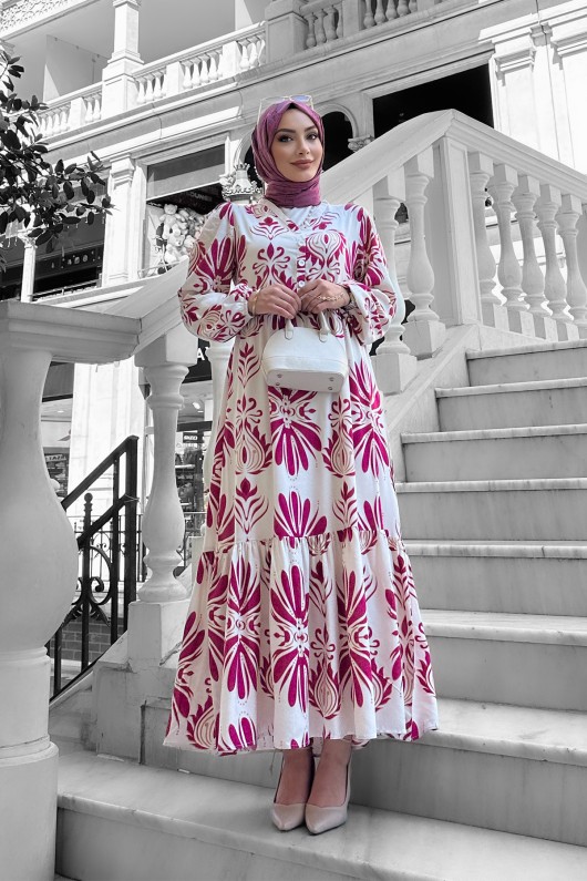 Bohem Desenli Viskon Elbise Fuşya Bohem Desenli Viskon Elbise Fuşya