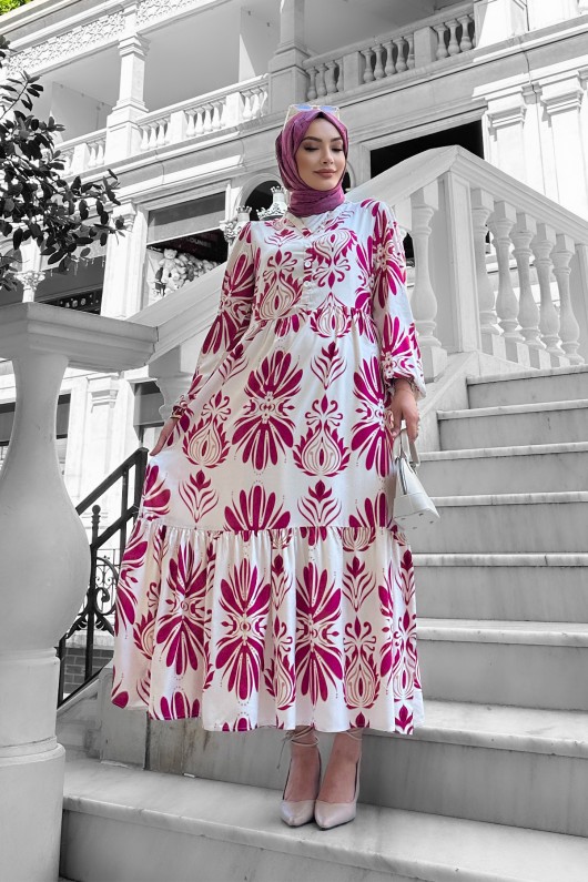 Bohem Desenli Viskon Elbise Fuşya Bohem Desenli Viskon Elbise Fuşya