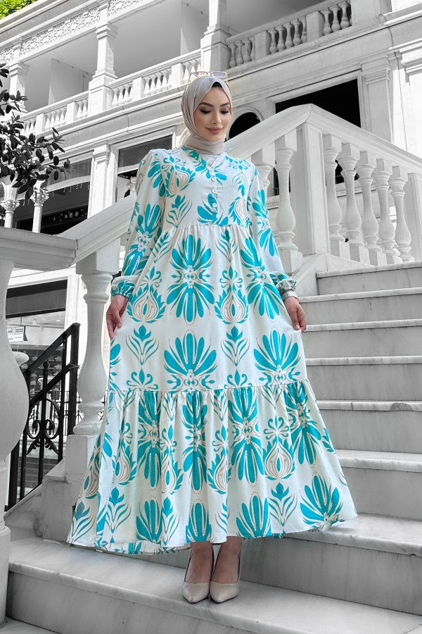 Bohem Desenli Viskon Elbise Turkuaz