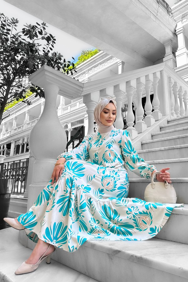 Bohem Desenli Viskon Elbise Turkuaz
