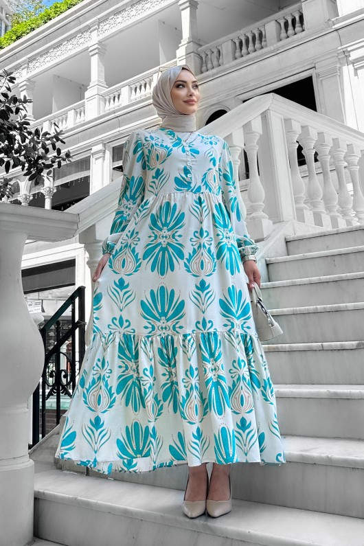 Bohem Desenli Viskon Elbise Turkuaz Bohem Desenli Viskon Elbise Turkuaz