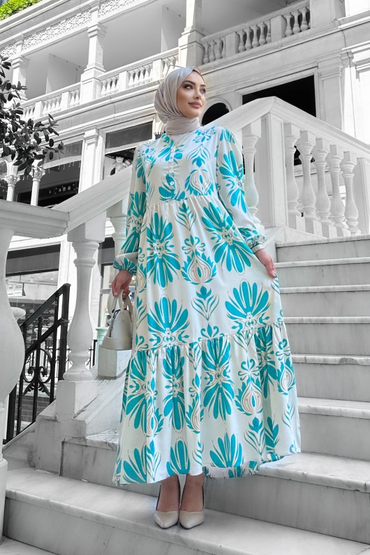 Bohem Desenli Viskon Elbise Turkuaz Bohem Desenli Viskon Elbise Turkuaz