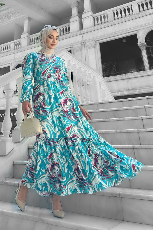 Lolita Viskon Desenli Elbise Mavi