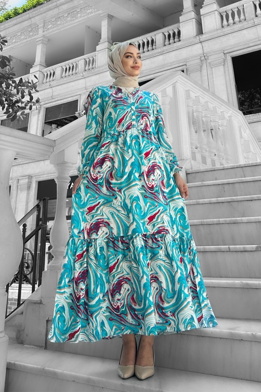 Lolita Viskon Desenli Elbise Mavi