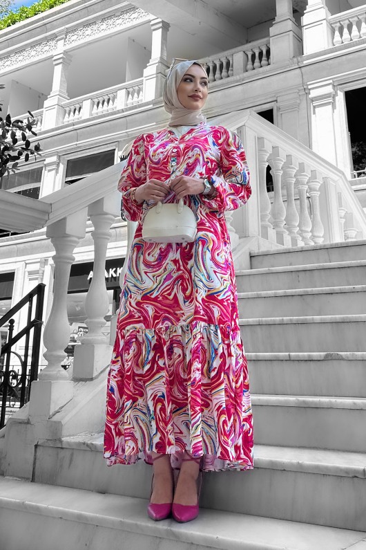 Lolita Viskon Desenli Elbise Pudra