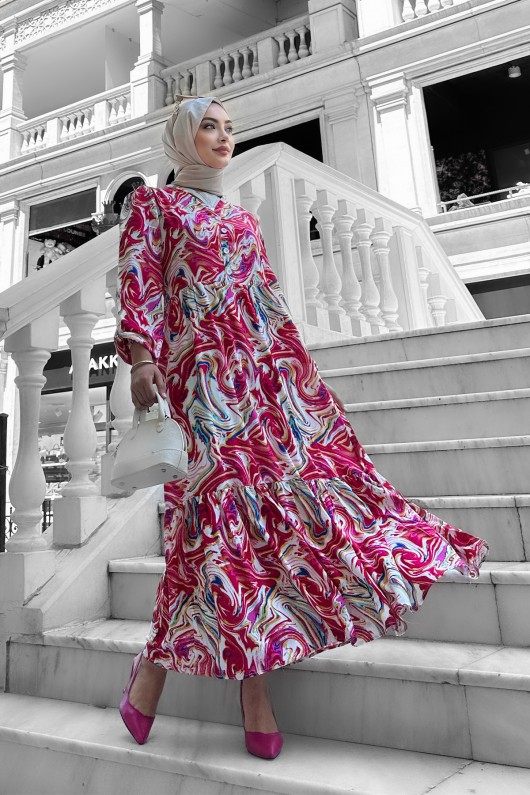 Lolita Viskon Desenli Elbise Pudra