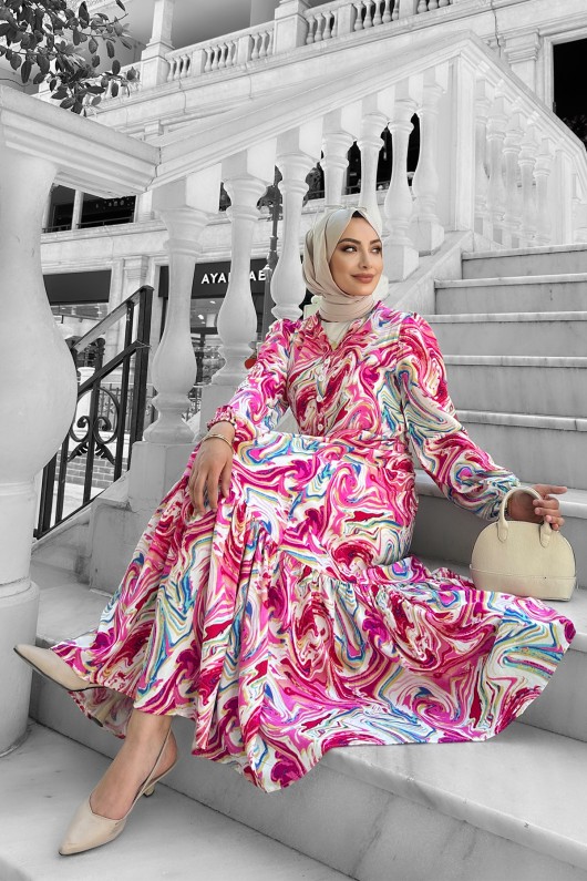 Lolita Viskon Desenli Elbise Fuşya Lolita Viskon Desenli Elbise Fuşya