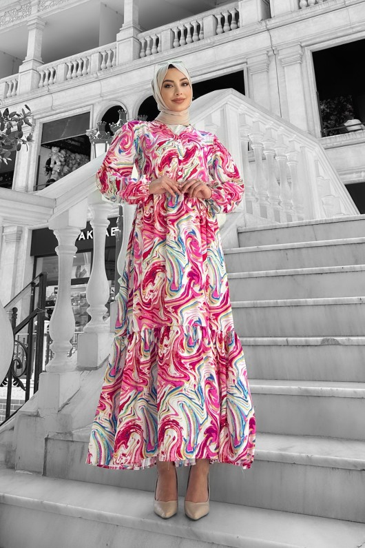 Lolita Viskon Desenli Elbise Fuşya Lolita Viskon Desenli Elbise Fuşya